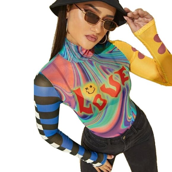 SHEIN Mesh Y2K Love Smiley face Psychedelic Mock Neck Colorblock Graphic Top S - Picture 1 of 11